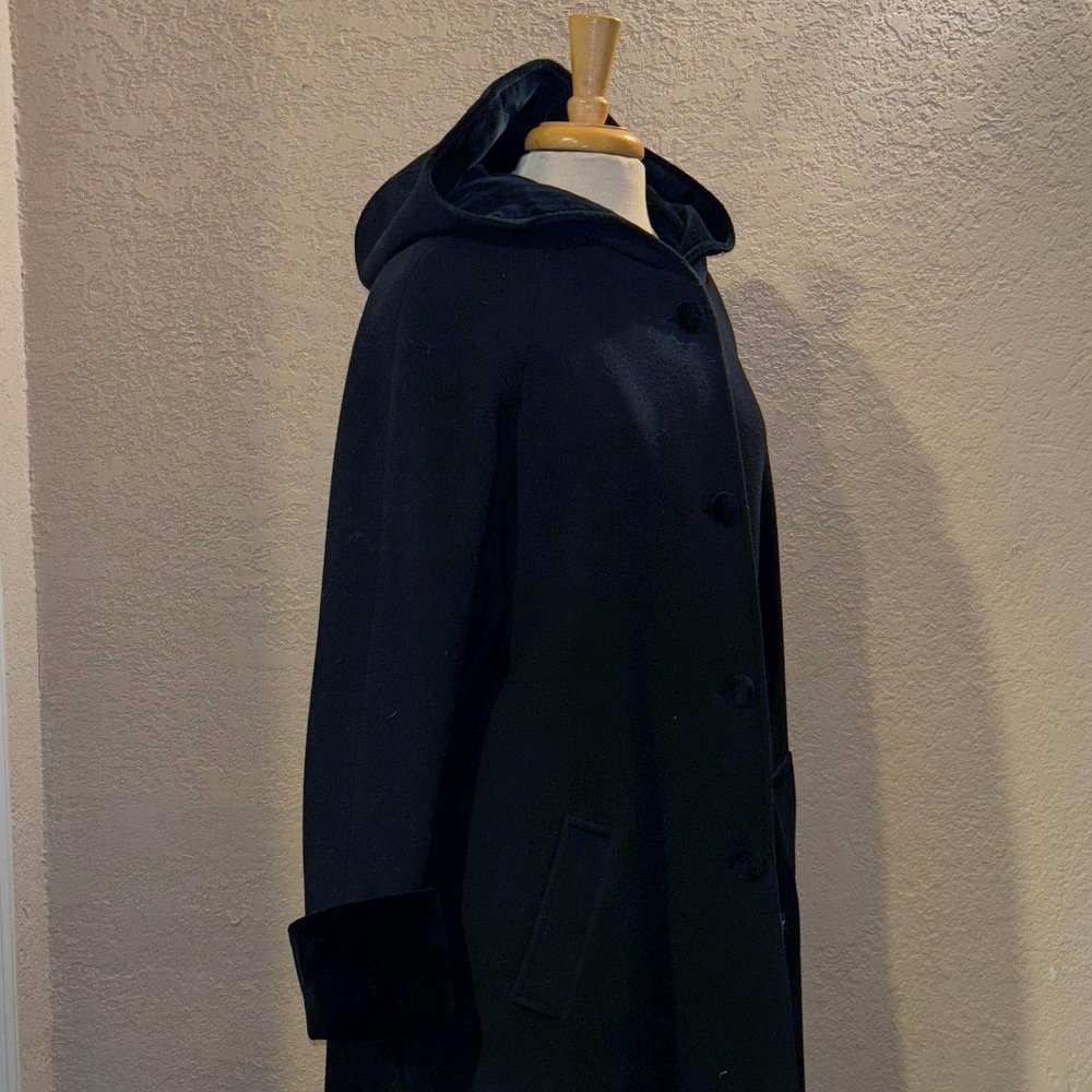 Preston & York Sz 16 Long 100% Wool Velvet Trim Black Hooded l Coat Womens